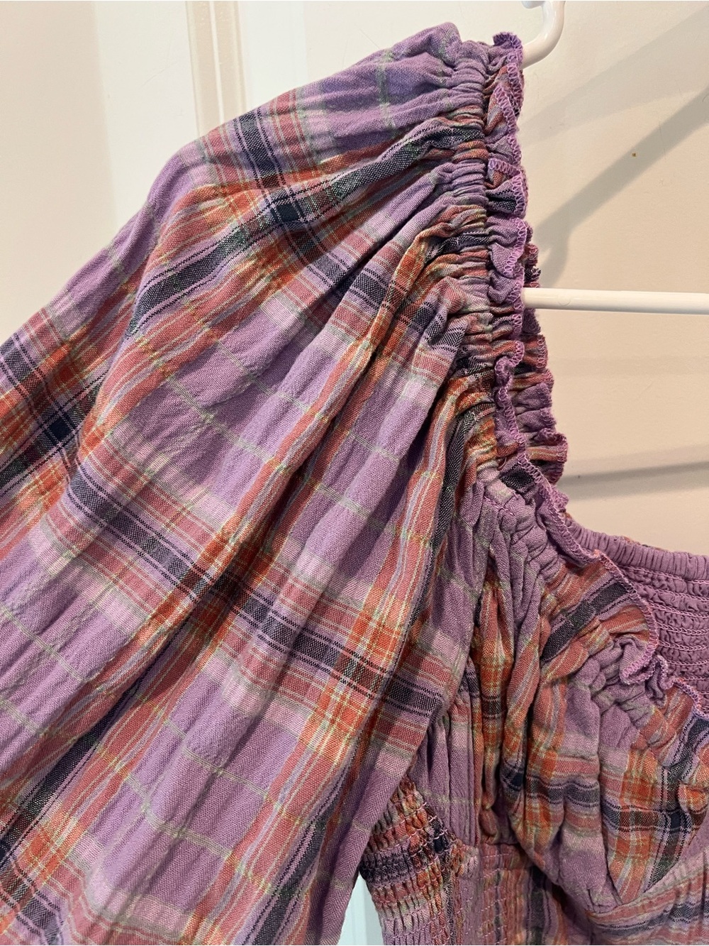 Free People Lavender Plaid Smocked Puff-Sleeve Crop Top - Picture 2 of 16